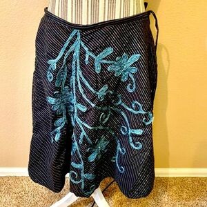 Midi Skirt Sz 14 Mix Nouveau Black Blue Metallic Floral Embroidered Pattern